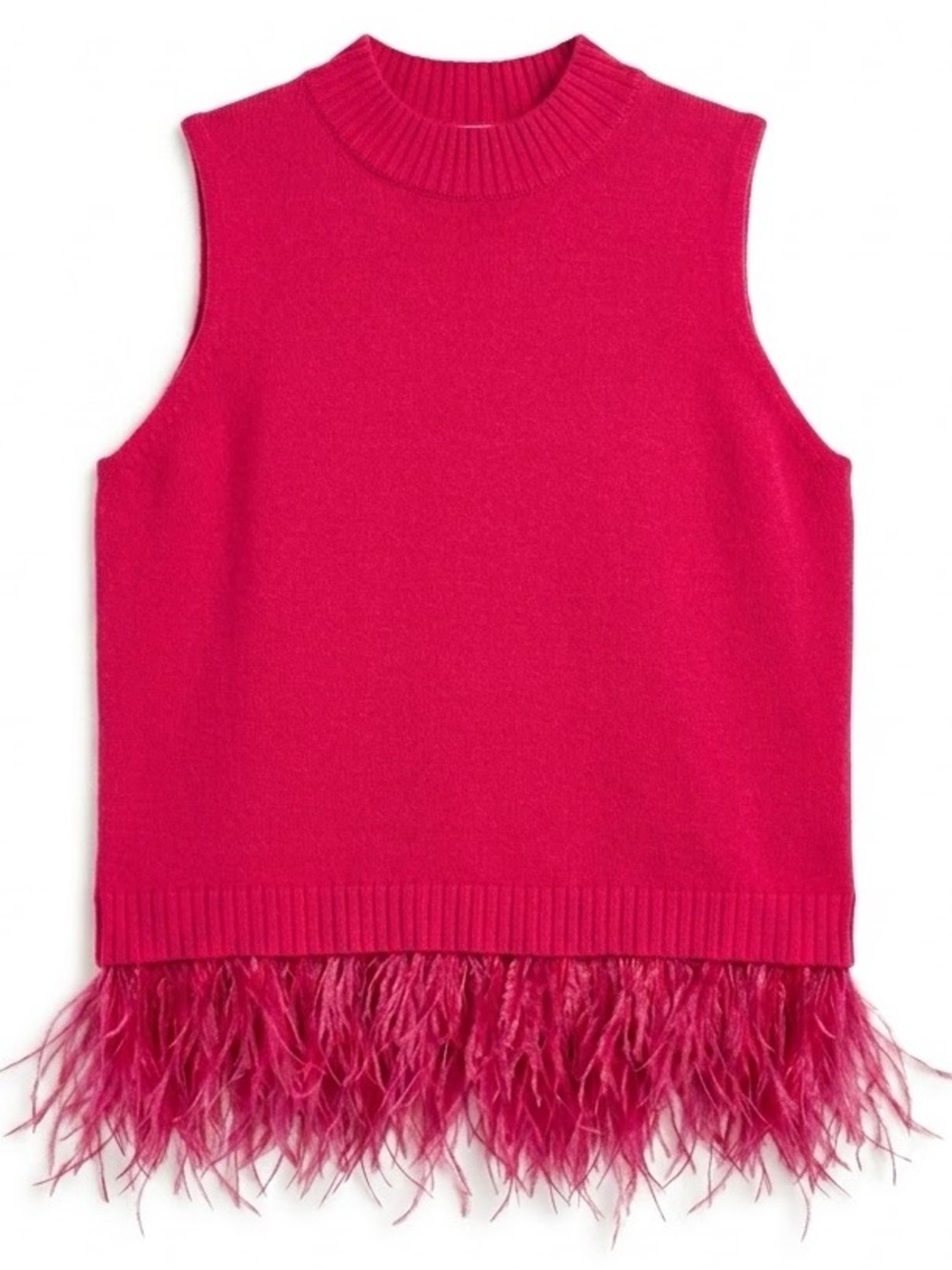 52seven Mock Neck Feather-Hem Knit Sleeveless Blouse in Hot Pink XS